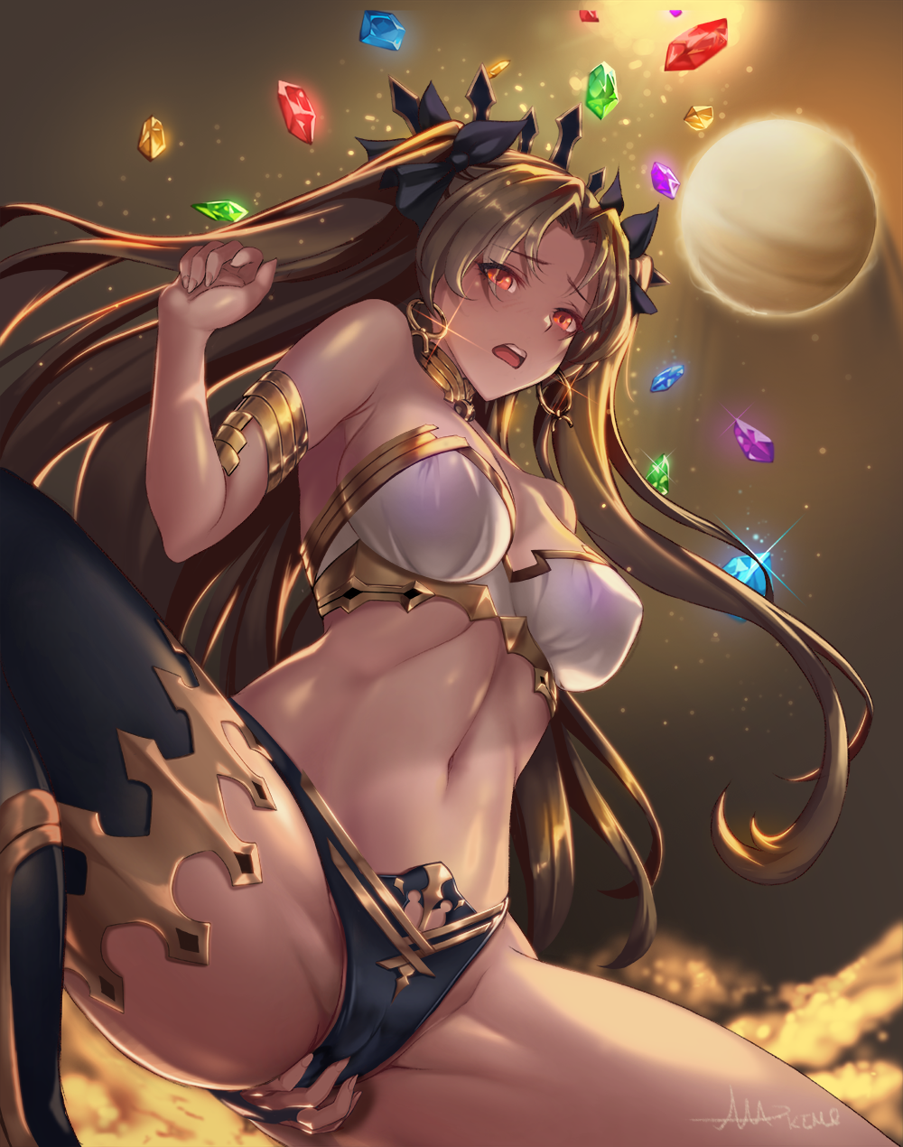 arm_behind_back armlet armpit_crease backlighting bangs bare_shoulders between_legs bikini black_bikini black_legwear black_ribbon blush breasts bridal_gauntlets brown_hair cameltoe cleavage clothed_masturbation collar eyebrows_visible_through_hair fate/grand_order fate_(series) female gem hair_ribbon hand_between_legs highres ishtar_(fate) large_breasts long_hair looking_down mad_kimo masturbation masturbation_through_clothing mismatched_bikini navel open_mouth parted_bangs planet red_eyes revision ribbon signature single_thighhigh solo spread_legs stomach swimsuit thighhighs thighlet two_side_up upper_teeth venus_(planet) white_bikini