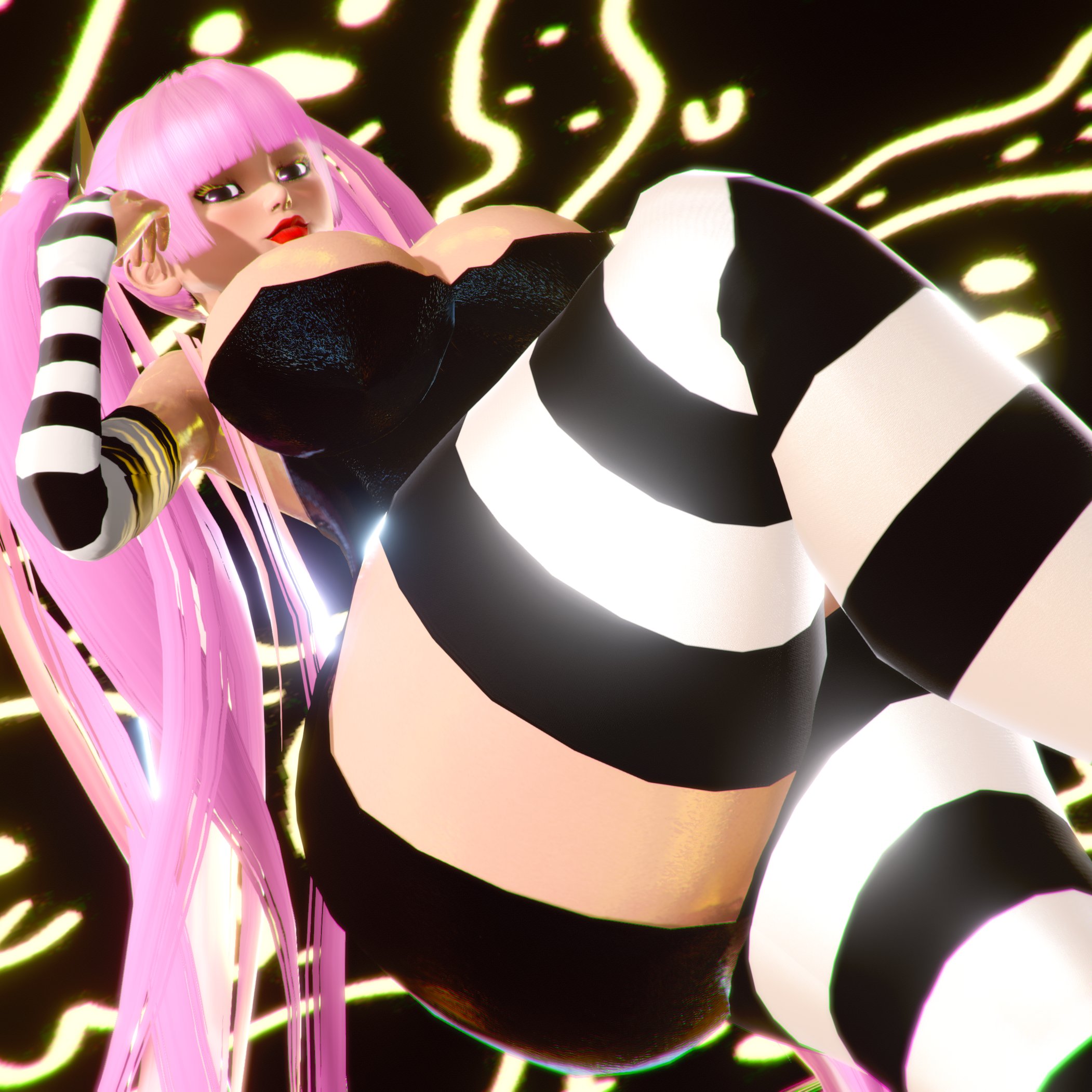 3d, big breasts, black dress, blush, breasts, female, female focus, female only, fingerless gloves, honey select, large breasts, lips, one leg up, one piece, perona, pink hair, prevence, red lips, reference, smile, smug, striped legwear, thick thighs, thighhighs, thighs, twintails