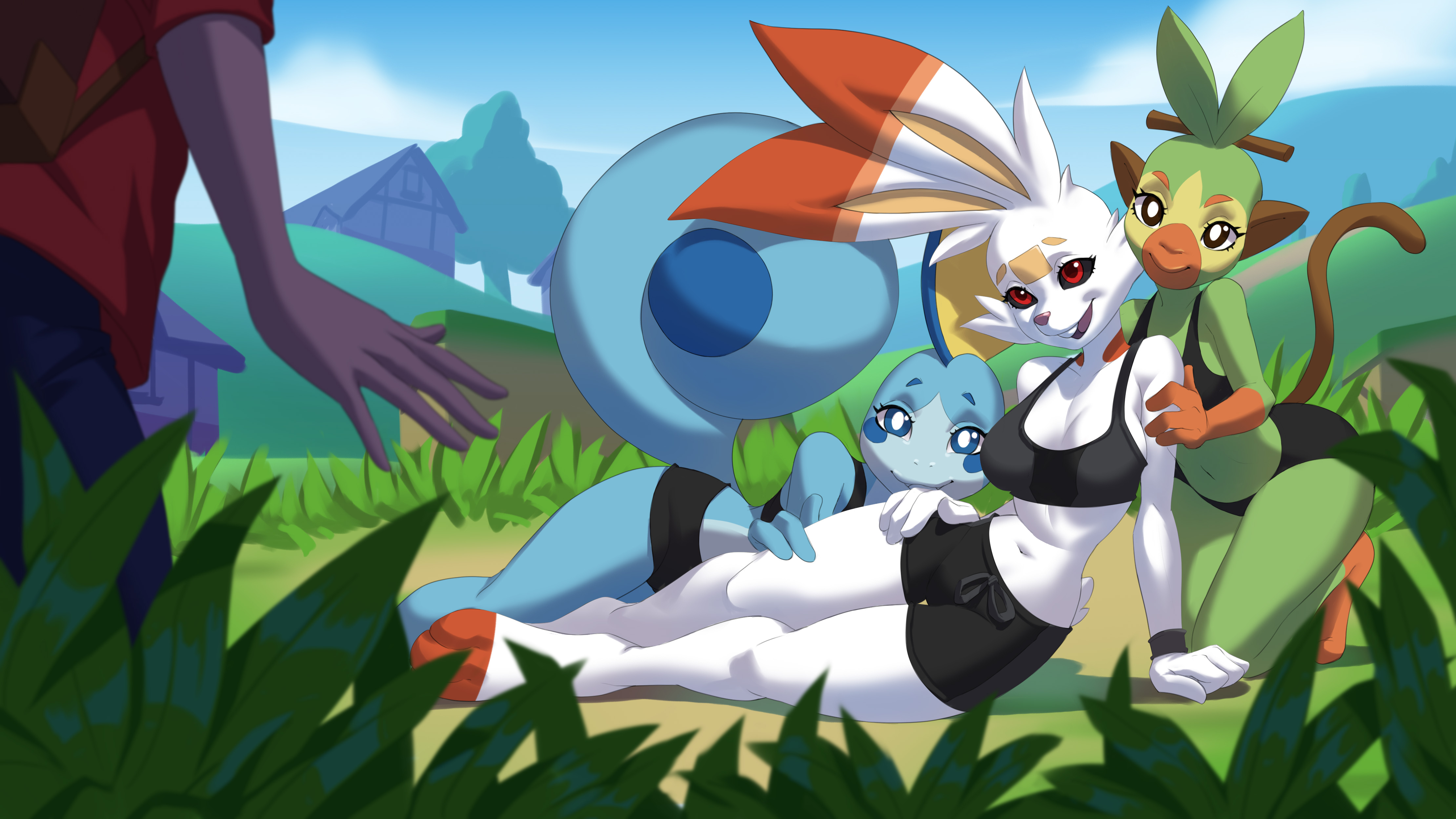 1boy, 2019, 3 fingers, 3girls, 4 fingers, alanscampos, anthro, background, black underwear, breasts, bunny, female, furry, grookey, interspecies, male, no humans, patreon, patreon username, pokemon, pokemon ss, pokemorph, red eyes, scorbunny, sobble, tail, underwear, wide hips