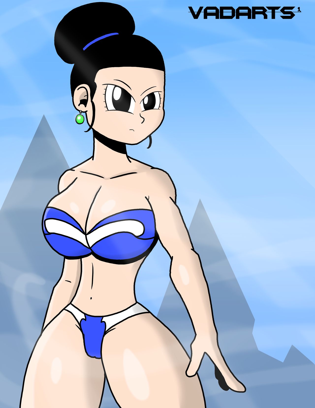 1girls alternate_costume alternate_outfit alternate_version_at_source alternate_version_available angry artist_name big_breasts bikini black_eyes black_hair blue_bikini breasts chichi deviantart dragon_ball dragon_ball_super dragon_ball_z earrings exposed_shoulders female female_focus female_on_top female_only green_earrings hair_bun hips hourglass_figure human looking_at_viewer looking_pleasured milf mountain serious shiny shiny_breasts shiny_clothes shiny_skin shoulders sky_background solo solo_female solo_focus tagme thick thick_legs thick_thighs thighs twitter vadarts watermark wide_hips wife