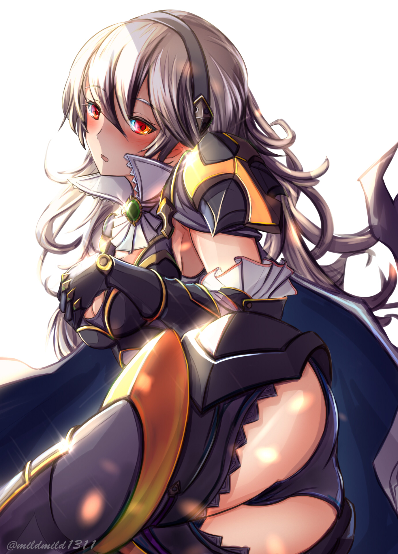 1girls, armor, ass, big ass, black armor, black panties, blush, breasts, cape, clear glass (mildmild1311), cleavage, corrin (fire emblem), corrin (fire emblem) (female), elbow gloves, female, fire emblem, fire emblem fates, frills, gauntlets, gloves, hairband, high collar, highres, jewelry, nintendo, panties, red eyes, shoulder armor, underwear, white hair