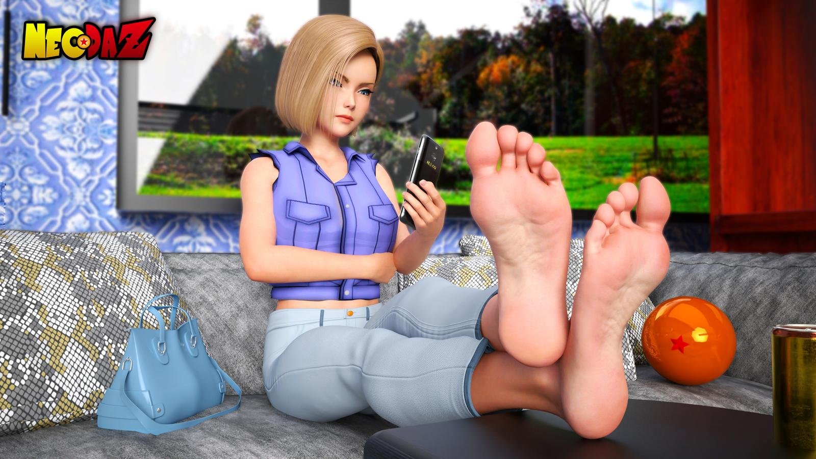 1girls, 3d, android 18, barefoot, blonde hair, blue eyes, couch, dragon ball, dragon ball z, feet, feet together, feet up, female, female only, foot fetish, foot focus, jeans, legs up, necdaz91, phone, soles, solo, toes