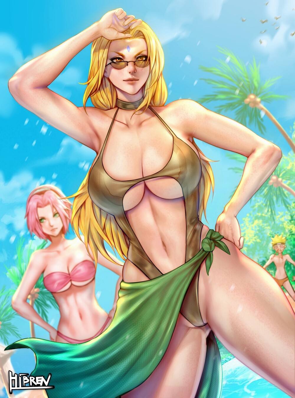 1boy 2girls adult_swim beach being_watched big_breasts bikini blonde_hair blood breasts brown_eyes cleavage facial_mark female forehead_mark forehead_protector green_eyes heart_eyes hibren long_hair looking_over_eyewear looking_over_glasses male midriff naruto naruto_(series) naruto_shippuden nosebleed pink_hair sakura_haruno short_hair smile sunglasses swimsuit teacher_and_student tinted_eyewear toonami tsunade uzumaki_naruto watching yellow-tinted_eyewear