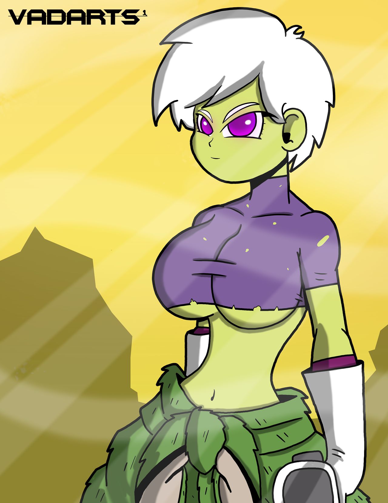 1girls 2020 alternate_costume alternate_version_at_source alternate_version_available artist_name belly belly_button big_breasts breasts broly_(cosplay) cheelai crop_top deviantart dragon_ball dragon_ball_super fanart female female_focus female_only female_soldier female_solo gloves green_fur green_skin gun hourglass_figure looking_at_viewer navel purple_eyes purple_shirt short_hair simple_background solo solo_female solo_focus tagme thick under_boob underboob vadarts violet_eyes watermark white_gloves white_hair