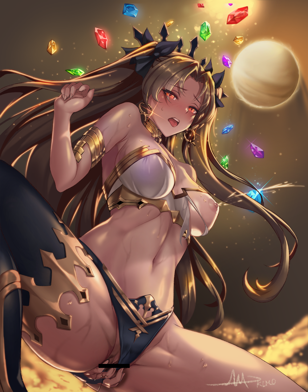 arm_behind_back armlet armpit_crease backlighting bangs bar_censor bare_shoulders between_legs bikini bikini_aside black_bikini black_legwear black_ribbon blush breasts bridal_gauntlets brown_hair censored cleavage collar eyebrows_visible_through_hair fate/grand_order fate_(series) female gem hair_ribbon half-closed_eyes hand_between_legs highres ishtar_(fate) lactation large_breasts long_hair looking_down mad_kimo masturbation mismatched_bikini navel one_breast_out open_mouth parted_bangs planet pussy pussy_juice red_eyes revision ribbon signature single_thighhigh solo spread_legs stomach sweat swimsuit thighhighs thighlet tongue tongue_out torn_bikini two_side_up upper_teeth venus_(planet) white_bikini