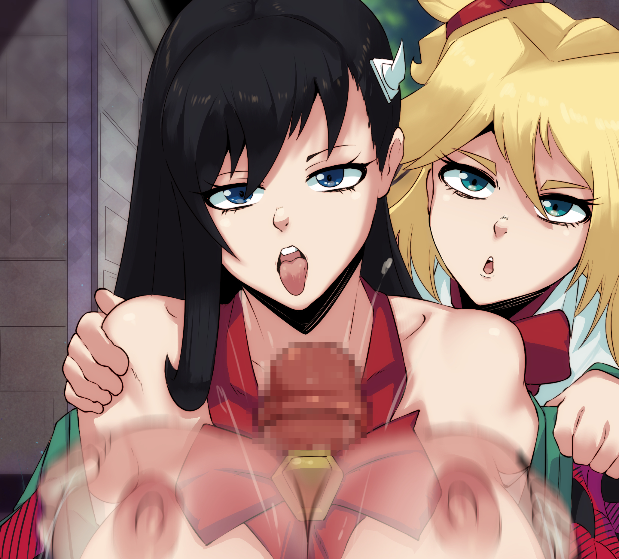 1boy, 2girls, alternate breast size, areolae, big breasts, black hair, bleach, blonde hair, blue eyes, breasts, burn the witch, censored, female, green eyes, hair ornament, huge breasts, large breasts, looking at viewer, male, mosaic censoring, ninny spangcole, nipples, noel niihashi, open mouth, paizuri, penis, penis between breasts, pinkseito, straight, tongue, tongue out, twintails