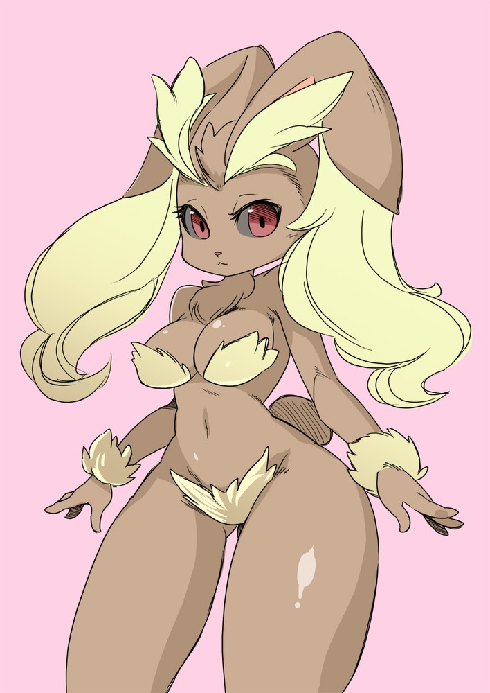 1girls anthro black_sclera blonde_hair brown_fur chest_tuft floppy_ears hair_censor hair_covering_breasts large_breasts looking_at_viewer lopunny pokémon_(species) pokemon pokemon_(species) red_eyes shepherd0821 simple_background twintails