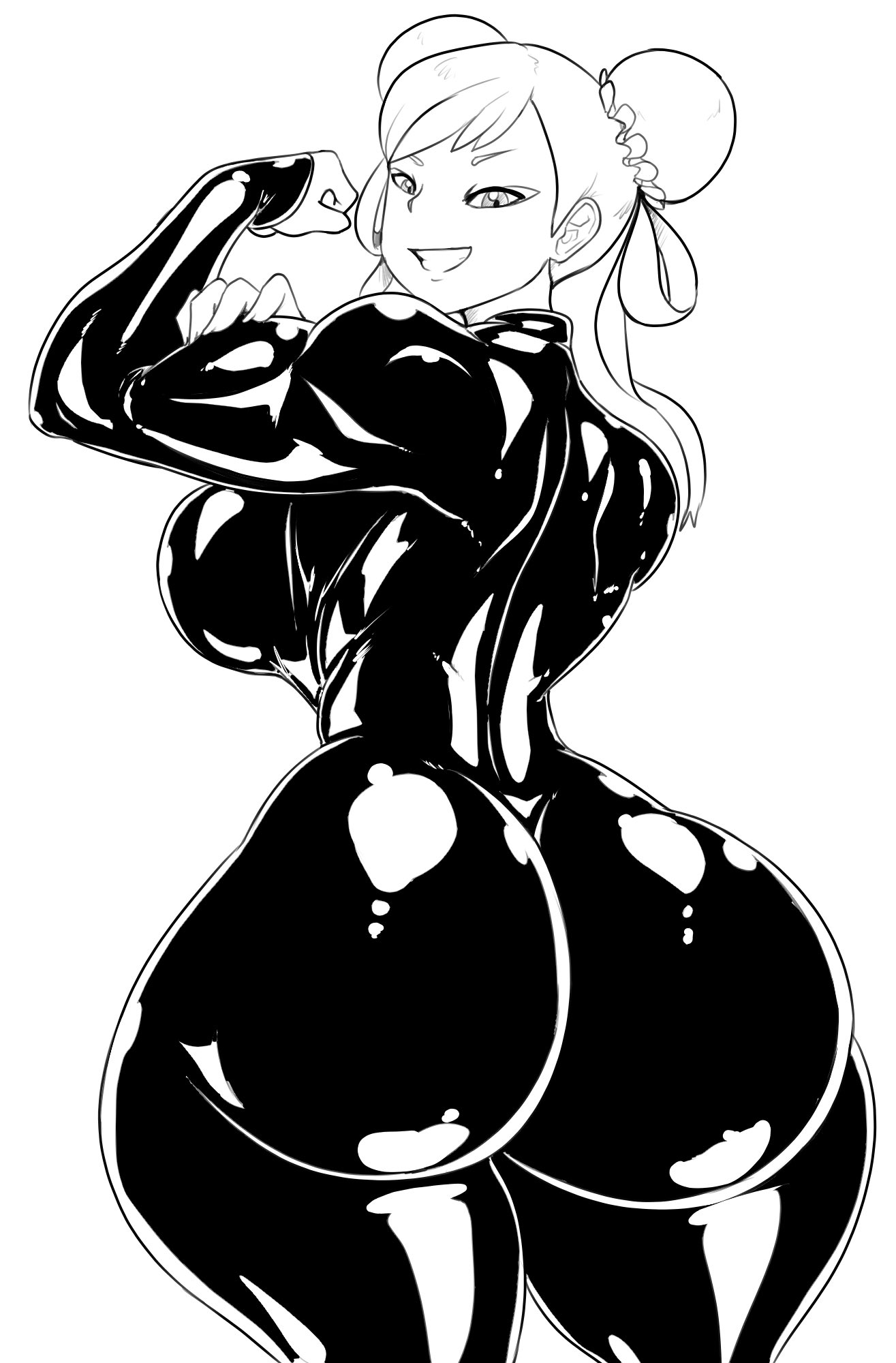 ass, bodysuit, breasts, capcom, chun-li, curvy, double bun, female, flexing, from behind, highres, huge ass, large breasts, latex, looking at viewer, looking back, pose, shiny, shiny clothes, short hair, sideboob, smile, solo, street fighter, thecon, thick thighs, thighs, white background, wide hips