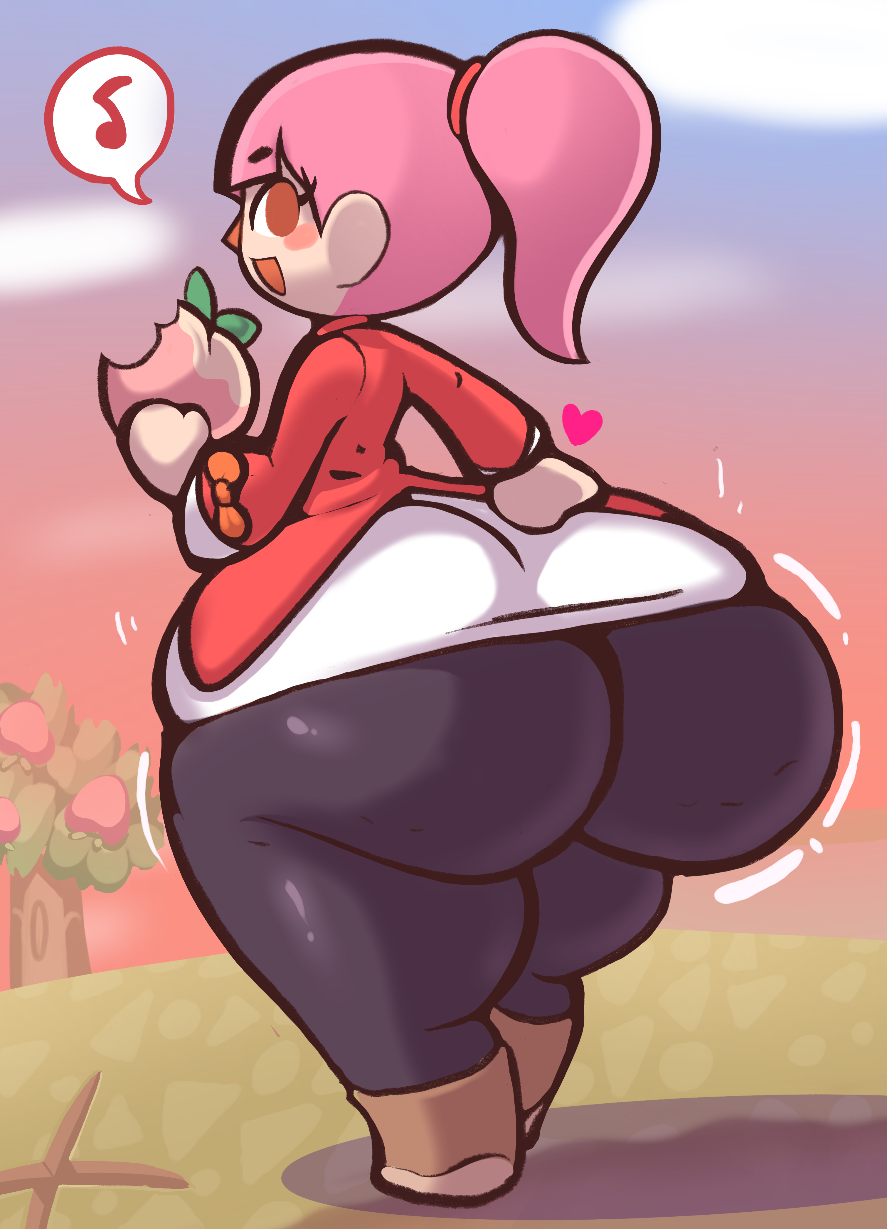 1girls, animal crossing, animal crossing girl, ass, ass expansion, blush, bottom heavy, bow, emma (animal crossing), female, hazel eyes, heart, hyper ass, musical note, nintendo, only player, pants, peach (fruit), pink hair, ponytail, royaloppai, singing, smiling, villager (animal crossing)