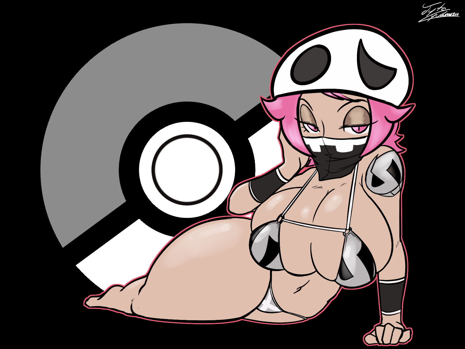 1girls, arm support, bandana, bandana over mouth, barefoot, bedroom eyes, bikini, breasts, cleavage, eyelashes, feet, female, female only, female team skull grunt, full body, half-closed eyes, hand on own cheek, hat, highres, huge breasts, human, jyto, looking at viewer, lying, mask, matching hair/eyes, midriff, mouth mask, navel, on side, pink eyes, pink hair, pinup, poke ball, pokemon, pokemon sm, posing, rapp (pokemon), shiny skin, short hair, shoulder tattoo, signature, skimpy, skindentation, solo, tattoo, team skull, team skull grunt, team skull grunt (female), thick thighs, voluptuous