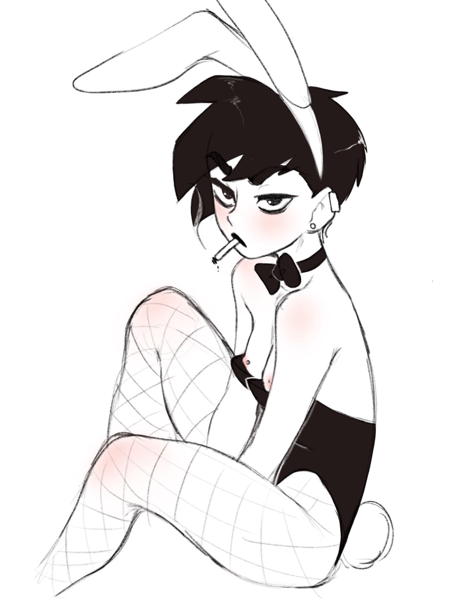 1girls, breasts, bunny ears, bunny girl, bunnysuit, cigarette, female, female only, monochrome, nipple piercing, nipples, piercing, pudgeruffian, small breasts, smoking, solo, tomboy, very short hair