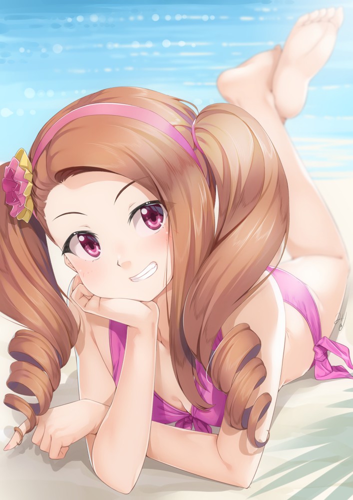 barefoot beach bikini brown_hair feet feet_up female female_only idolmaster minase_iori miri_(ago550421)