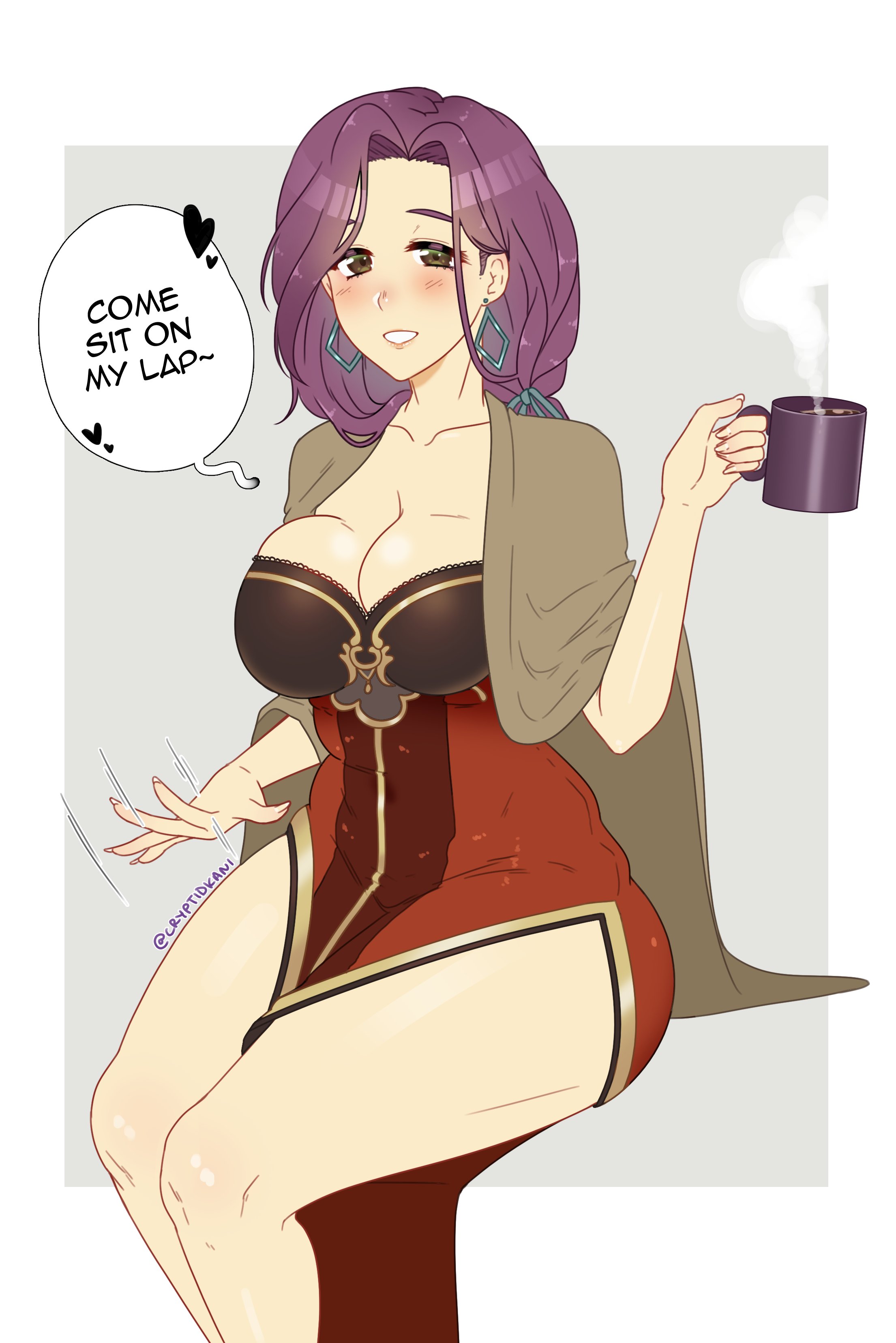 bare legs, big breasts, breasts, brown eyes, cleavage, clothed, coffee, coffee mug, cryptid crab, earrings, english text, female, fire emblem, fire emblem echoes: shadows of valentia, fire emblem gaiden, large breasts, long hair, looking at viewer, milf, mommy, mommy kink, motion lines, nintendo, purple hair, solo, solo female, sonya (fire emblem), text, thick thighs, thighs