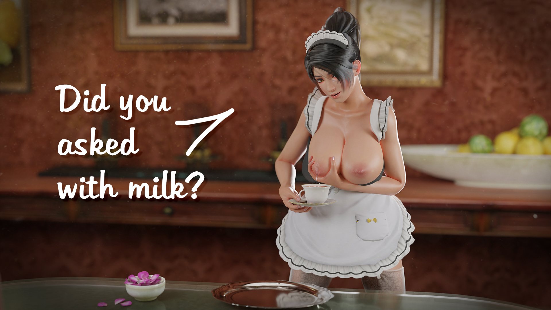 1girls, 3d, alicecry, apron, big breasts, black hair, breast squeeze, breasts, breasts out, brown eyes, cleavage, dead or alive, deep cleavage, english text, female, female only, kunoichi, lactating in cup, lactation, large breasts, maid, maid apron, maid headdress, maid uniform, milk, momiji (ninja gaiden), ninja gaiden, nipples, nude, standing, stockings, tea, tecmo, tray