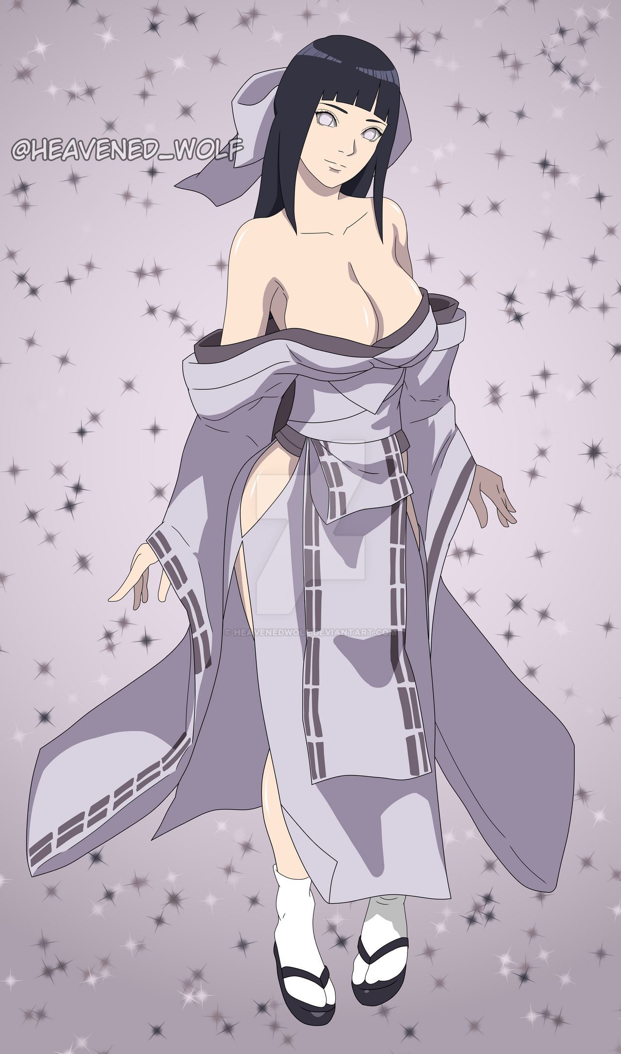 1girls, alternate outfit, bare shoulders, big breasts, breasts, cleavage, curvy, deviantart, female, female only, footwear, heavenedwolf, hyuuga hinata, japanese clothes, kimono, kimono pull, long hair, looking at viewer, naruto, naruto (series), naruto: the last, no bra, purple hair, ribbon, sandals, smile, solo, tabi, tied hair, violet eyes, watermark