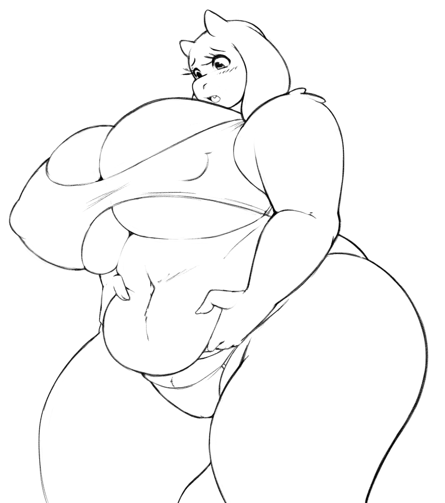 1girls, anthro, belly, belly grab, belly overhang, big belly, big breasts, breasts, cervine, chubby, cute, cute fang, eikasianspire, female, female only, huge breasts, large breasts, line art, mature female, milf, monochrome, nipple bulge, overweight, overweight female, skimpy, solo, thick thighs, thighs, toriel, undertale, white background, wide hips
