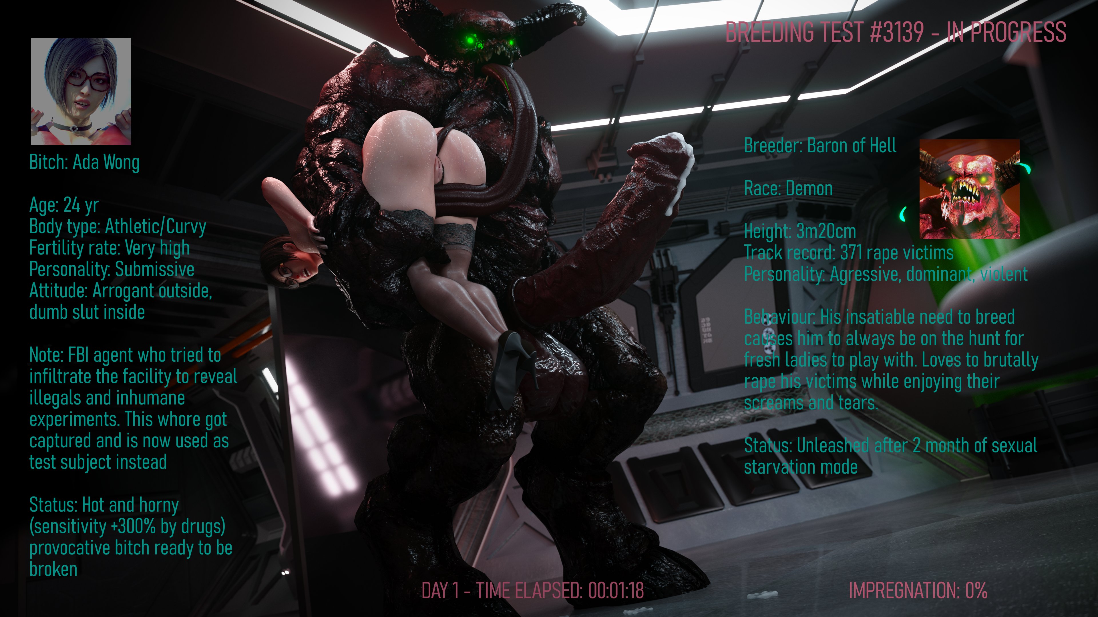 3d, ada wong, ada wong (adriana), ass, baron of hell (doom), big ass, big breasts, big butt, big penis, black hair, breasts, domination, doom, english, english text, female, glasses, icedev, long tongue, male, monster, monster cock, penis, precum, rape, resident evil, resident evil 2, resident evil 2 remake, short hair, size difference, text, thighhighs, underwear