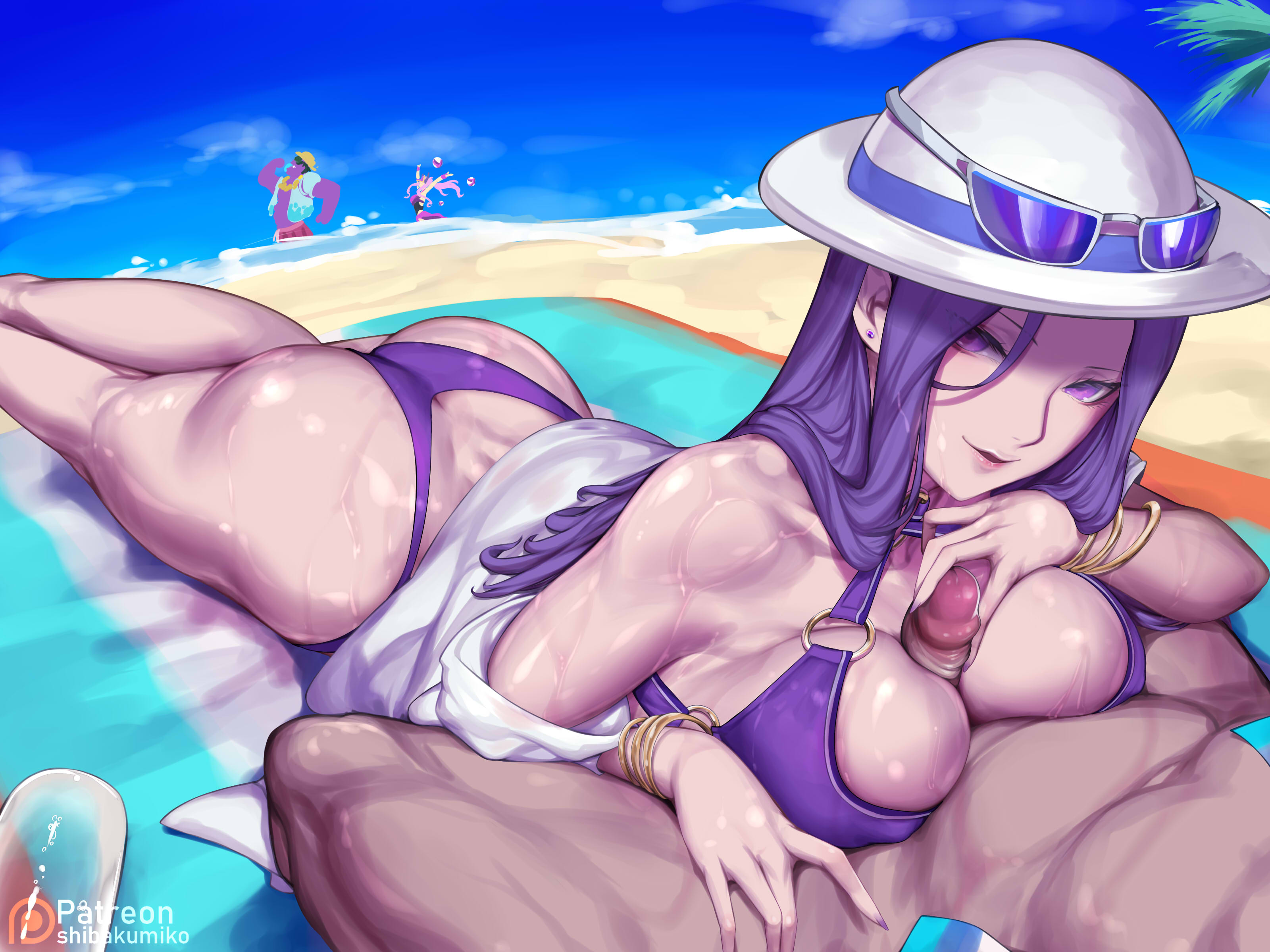 bikini, breasts, caitlyn kiramman, dark-skinned male, female, glasses, hat, kumiko (aleron), laying on stomach, league of legends, long hair, looking at viewer, male, male/female, mundo (league of legends), paizuri, piercing, pool party caitlyn, pool party mundo, pool party series, pool party syndra, syndra, wet body