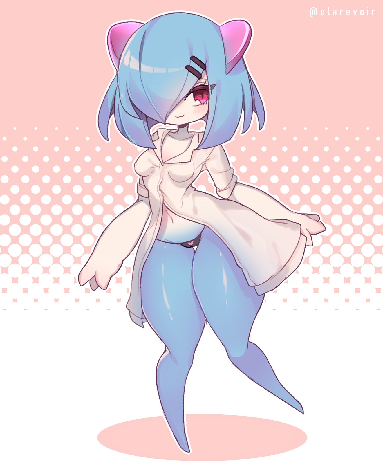 1girls, anthro, anthrofied, blue hair, blue skin, breasts, clarevoir, dr. voir, eye contact, female, glasses, huge thighs, kirlia, kureamajo, labcoat, looking at viewer, medium hair, nintendo, nub feet, pokémon (species), pokemon, pokemon (species), pokemon rse, red eyes, shiny pokemon, small breasts, thick thighs, thighs, thong, white skin