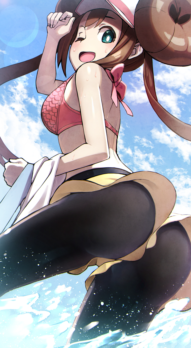 ass ass_focus black_leggings black_legwear blue_eyes bra brown_hair cap female female_focus female_only game_freak hair_bun hat leggings light-skinned_female light_skin no_sex no_shirt one_eye_closed one_eye_open pink_bra pokemon pokemon_(game) pokemon_bw pokemon_bw2 rosa_(pokemon) shirt_off skirt smile smiling splash splashing_water summer sweat sweating sweaty tokumaru visor visor_cap water yellow_skirt