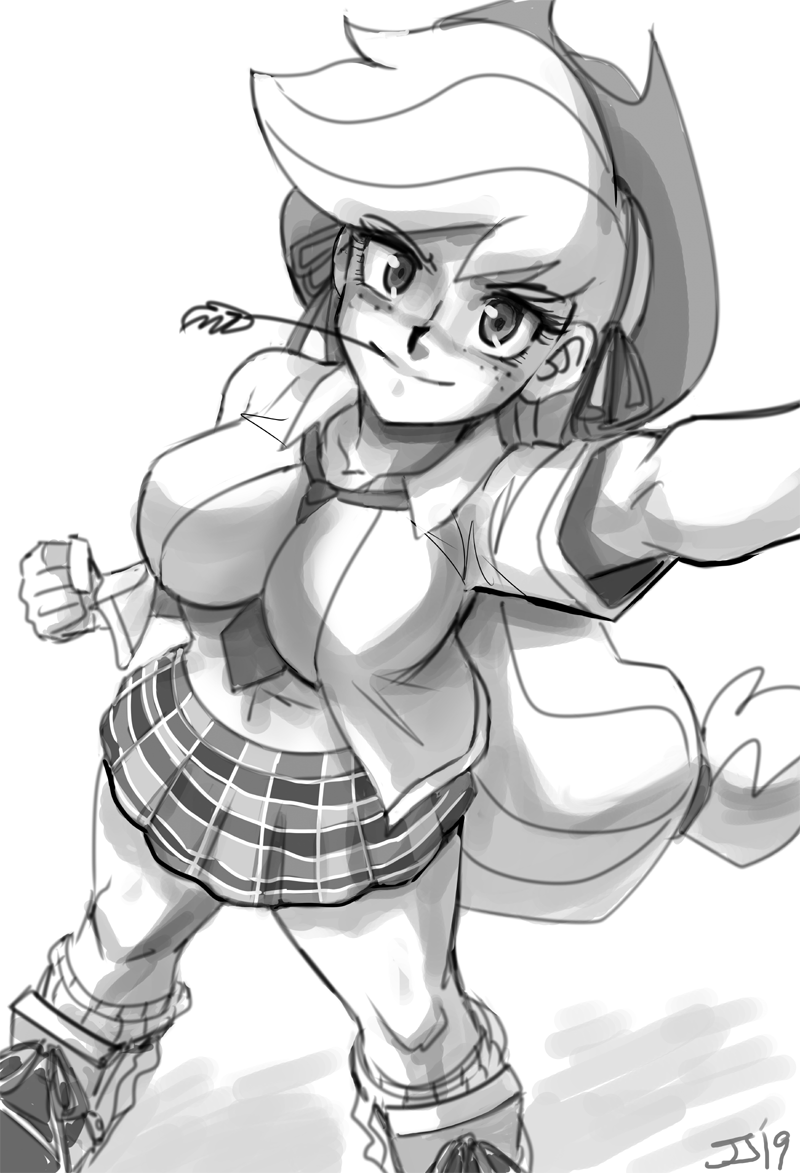 abs applejack_(eg) applejack_(mlp) cleavage equestria_girls hat john_joseco long_hair looking_at_viewer monochrome my_little_pony necktie necktie_between_breasts open_shirt selfie skirt tagme