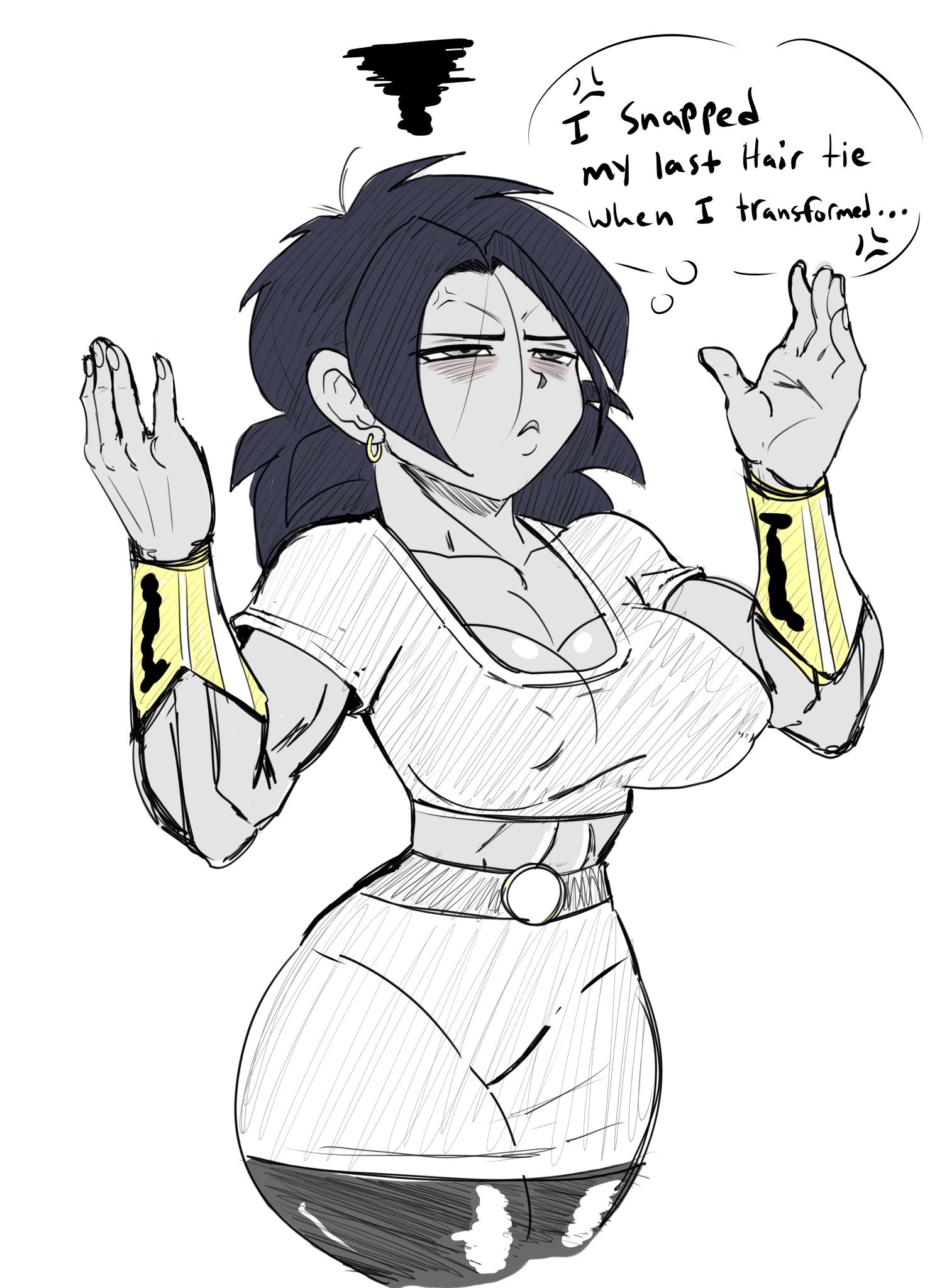 1girls, angry, annoyed, big breasts, black eyes, black hair, breasts, dragon ball, dragon ball super, earrings, english text, female, hair down, kale, ponytail, pseudocel, saiyan, short hair, spiky hair, text