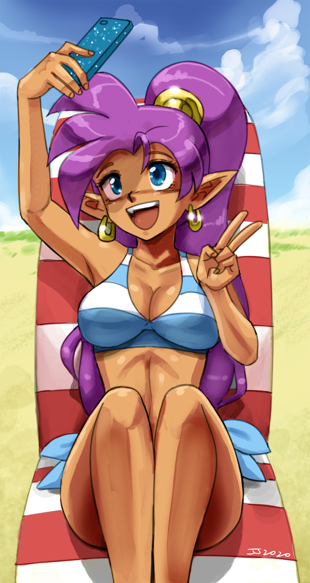 1girls beach bikini blue_eyes breasts cleavage collarbone dark-skinned_female earrings john_joseco long_hair peace_sign phone pointy_ears ponytail purple_hair selfie shantae shantae_(character) smooth_skin tagme wayforward