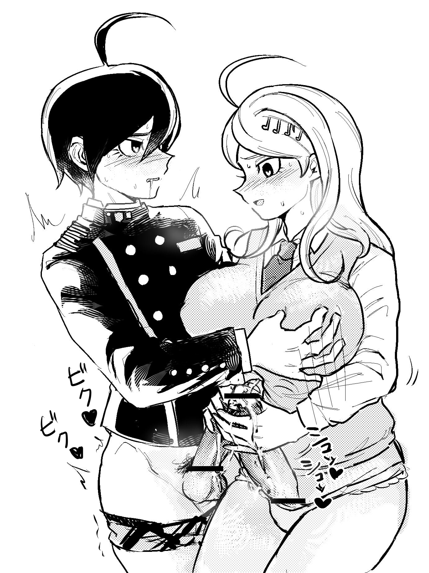 1boy, 1futa, ahoge, akamatsu kaede, artist request, balls, bangs, black hair, blonde hair, blush, breast grab, breasts, censored, clothed, clothing, collar, cum, danganronpa, danganronpa v3, drooling, embarrassed, eyelashes, female, femdom, frottage, futa is bigger, futa on male, futa with male, futanari, hair ornament, handjob, head tilt, heart, heart-shaped pupils, huge breasts, intersex, large breasts, light skin, long hair, male, multiple penises, pale skin, panties, penis, penis size difference, penises touching, precum, saihara shuuichi, school uniform, schoolgirl, shirt, standing, straight hair, symbol-shaped pupils, teenager, testicles, thick thighs, tie, underwear, vest