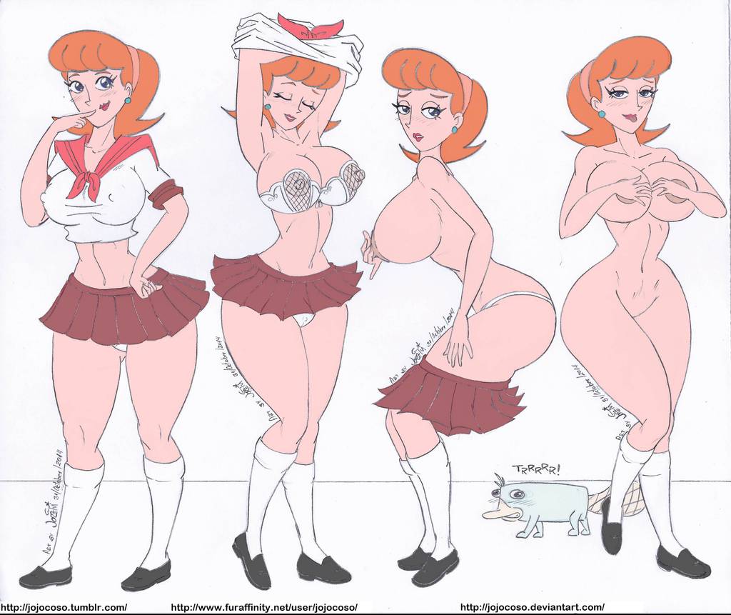 athletic_female covered_nipples disney earrings finger_to_mouth happy jojocoso linda_flynn-fletcher milf multiple_images multiple_views nipples perry_the_platypus phineas_and_ferb platypus red_hair ribbon school_uniform see-through_bra short_skirt shy socks_and_shoes standing undressing white_background white_panties