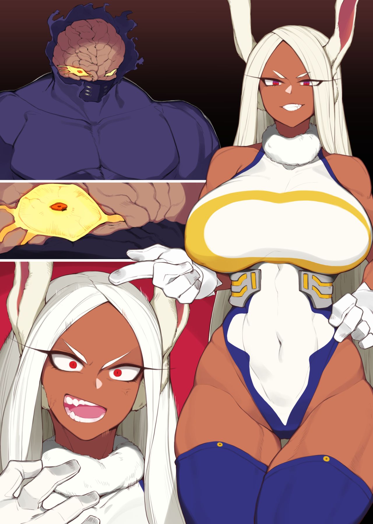 big_breasts bunny_ears bunny_girl dark-skinned_female dark_skin eyeless_nomu female_human hero_outfit_(mha) human kemonomimi leotard mature_female miruko monster muscles my_hero_academia nomu red_eyes rumi_usagiyama size_difference superhero_costume superheroine thick_thighs thighhighs white_hair yanje