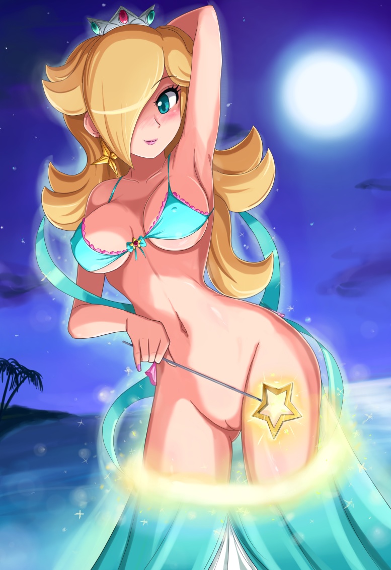 1girls armpits beach belly blonde_hair blue_eyes blush bottomless cleft_of_venus crown disappearing_clothes earrings exhibitionism female female_only full_moon hair hair_over_one_eye hairless_pussy jewelry long_hair magic magic_wand mario_(series) midriff moon nail_polish navel night nintendo nipples photoshop princess_rosalina pussy seductive sigurdhosenfeld smile solo star suddenly_naked super_mario_galaxy uncensored undressing wand