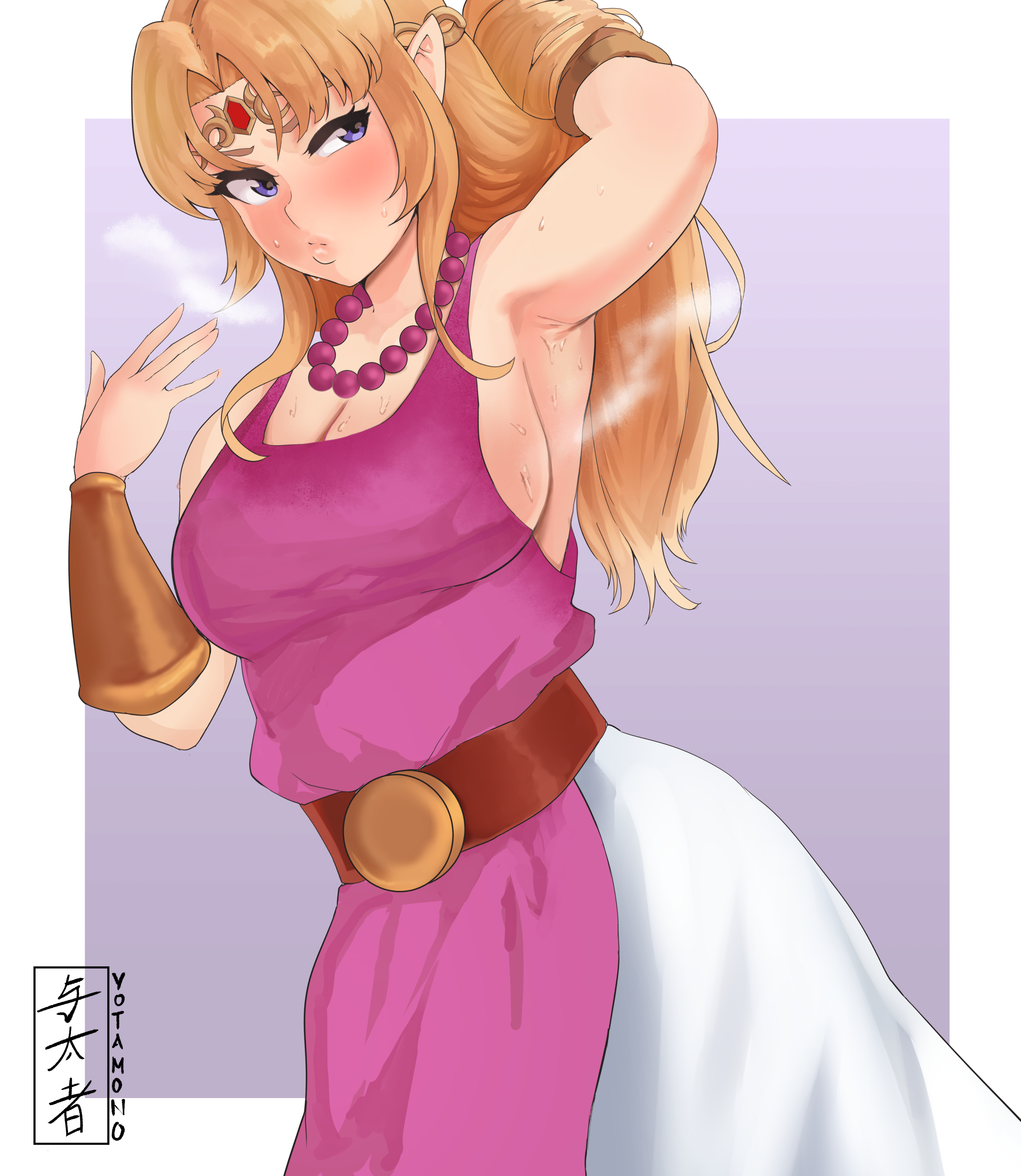 1girls, a link to the past, absurdres, armpit fetish, armpits, bimbo, blonde hair, blush, breasts, cleavage, female, female only, highres, musk, nintendo, princess zelda, solo, sweat, sweat stain, the legend of zelda, yotahen, zelda (a link between worlds), zelda (a link to the past)