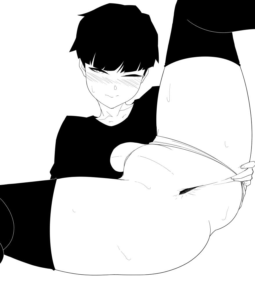 1boy, androgynous, black and white, black hair, femboy, gay, human, human only, khexxi, male, male only, short hair, smile, tagme, thick thighs, thighhighs