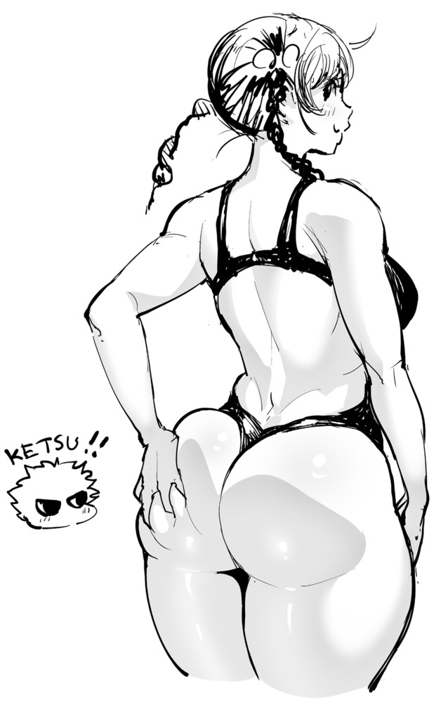 1boy, ass, ass dough, bikini, black hair, breasts, curvy, deep skin, dekkano!!, female, huge ass, large breasts, long hair, looking back, male, monochrome, mucchan, official art, sideboob, suzurikawa sasha, sweat, sweatdrop, synecdoche, thick thighs, thong