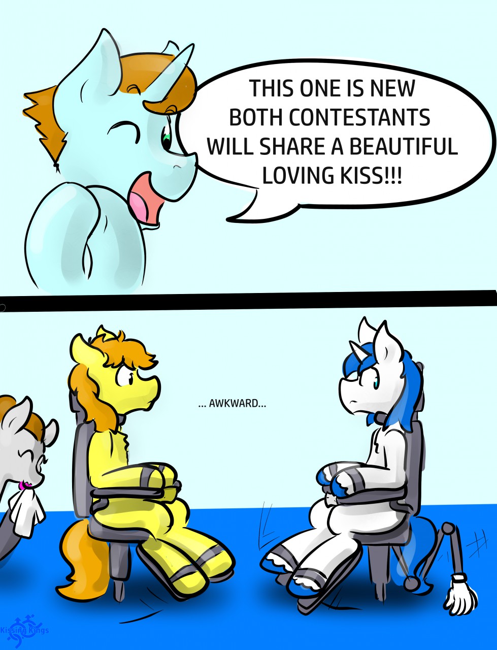 2018 anatomically_correct anatomically_correct_genitalia anatomically_correct_penis animal_genitalia animal_penis anthro awkward blue_background blue_eyes blue_hair bondage bound braeburn_(mlp) brown_hair bustier chair chair_bondage clothed clothing comic crossdressing dialogue english_text equid equine equine_penis fan_character feral friendship_is_magic fur furniture genitals girly gloves green_body green_eyes green_fur grey_body grey_fur group hair half-erect hands_together handwear hasbro hi_res hooves horn horse_tail killian_joy latex_gloves lipstick looking_at_another makeup male male/male malesub mammal mostly_offscreen_character multiple_boys multiple_subs my_little_pony napkin one_eye_closed open_mouth orange_hair penis pink_tongue ponytail robotic_arm semi-anthro shining_armor_(mlp) simple_background spanking_machine speech_bubble text tongue unicorn unicorn_horn white_body white_fur wiping_mouth yaoi yellow_body yellow_fur