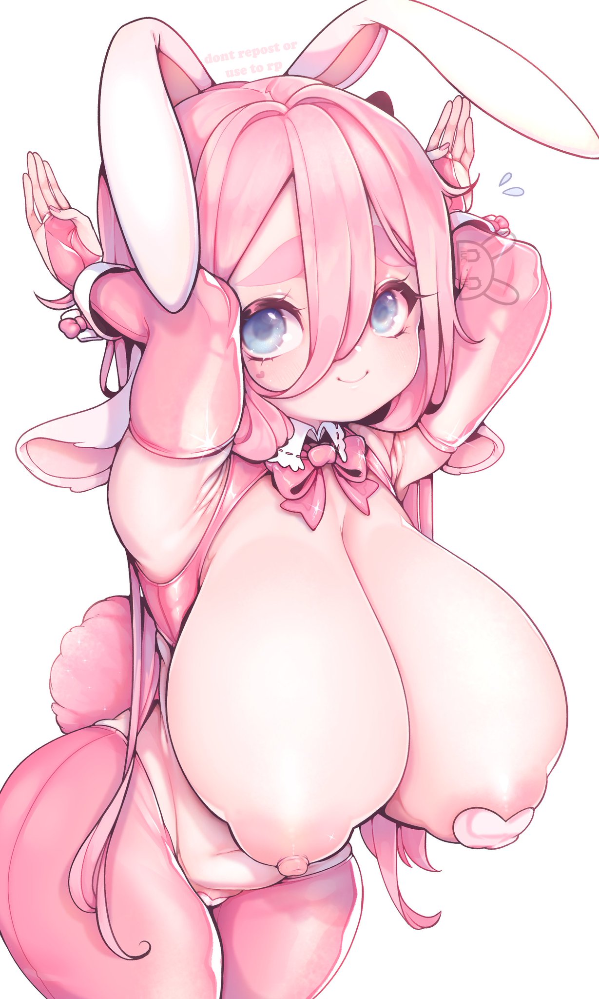 1girls areolae big_breasts blue_eyes breasts bunny_ears bunny_tail cleavage cute elbow_gloves female female_only fingerless_gloves gloves heart_pasties huge_breasts large_breasts long_hair looking_at_viewer macaron_(niucniuc) nipples niucniuc pink_hair pink_heart_pasties pink_pasties reverse_bunnysuit reverse_outfit smile solo