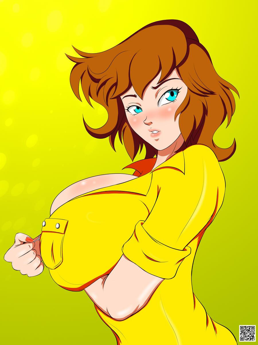 1girls, april o'neil, april o'neil (tmnt 1987), arm support, blue eyes, breasts, breasts bigger than head, brown hair, bursting breasts, female, female only, lifting breasts, looking back, mkonstantinov, parted lips, solo, teenage mutant ninja turtles, tmnt 1987, unzipping, yellow background, zipper