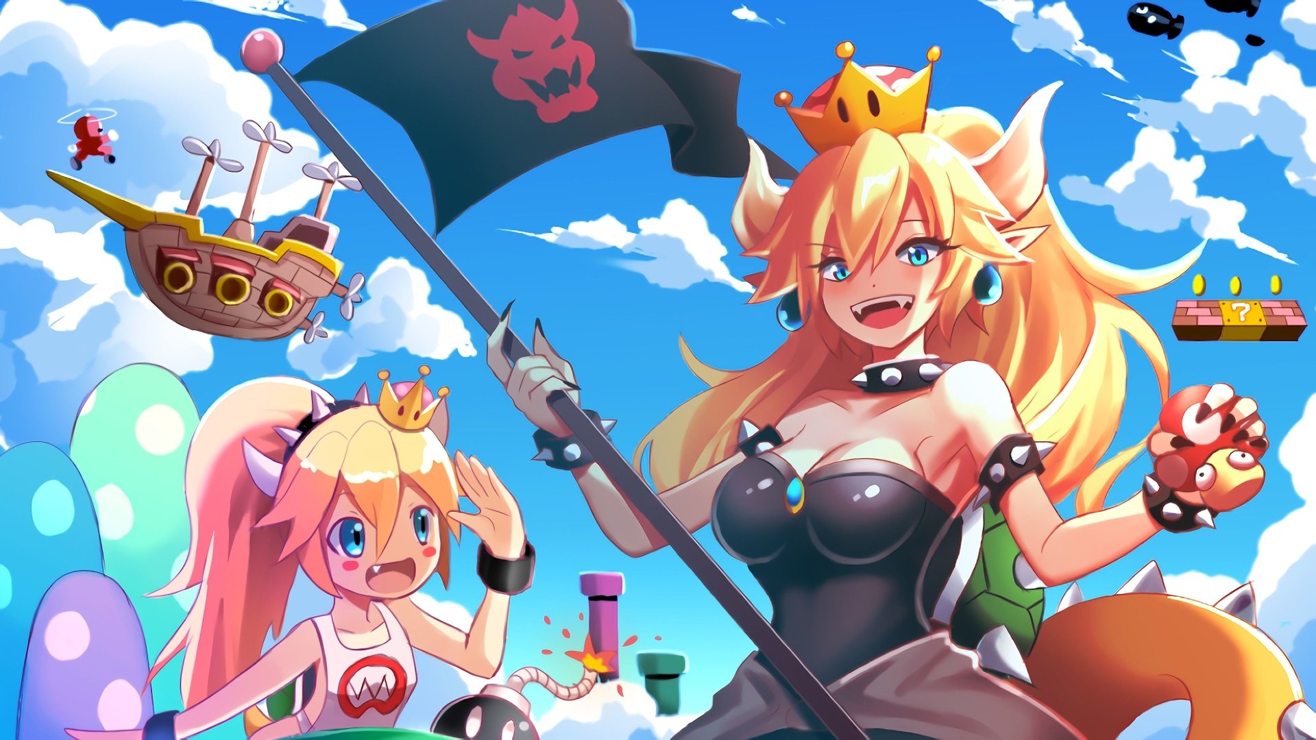 2girls, blonde hair, bob-omb, bowser jr., bowser logo, bowsette, bowsette jr., bullet bill, female, genderswap, koopa clown car, mario, mario (series), mother and daughter, mushroom, new super mario bros. u deluxe, new super mario bros. wii, nintendo, pixitales, propeller suit, rule 63, super crown