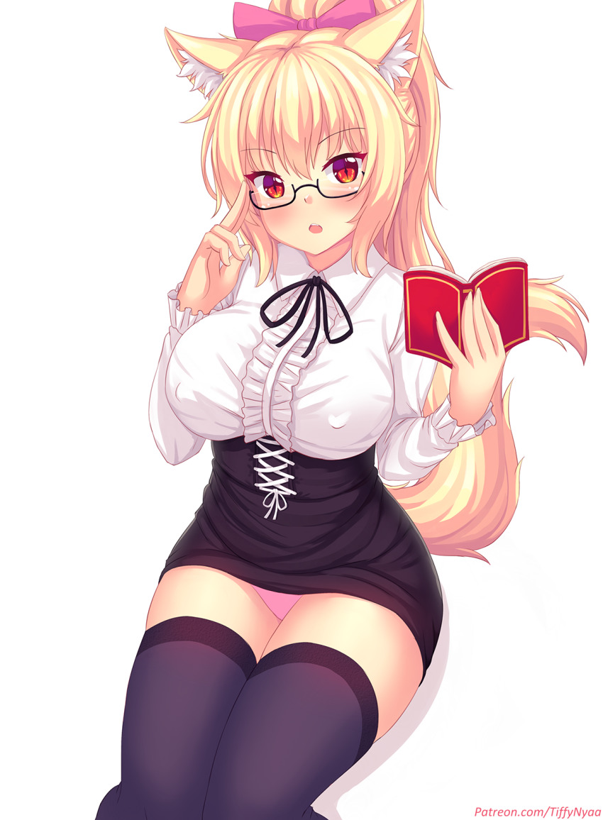 animal ears, black skirt, business suit, female, glasses, high-waist skirt, miniskirt, office lady, panties, pantyshot, pantyshot (sitting), pencil skirt, pink panties, skirt, skirt suit, stockings, tail, thighhighs, tiffy, tiffynyaa, tight skirt, upskirt, white shirt