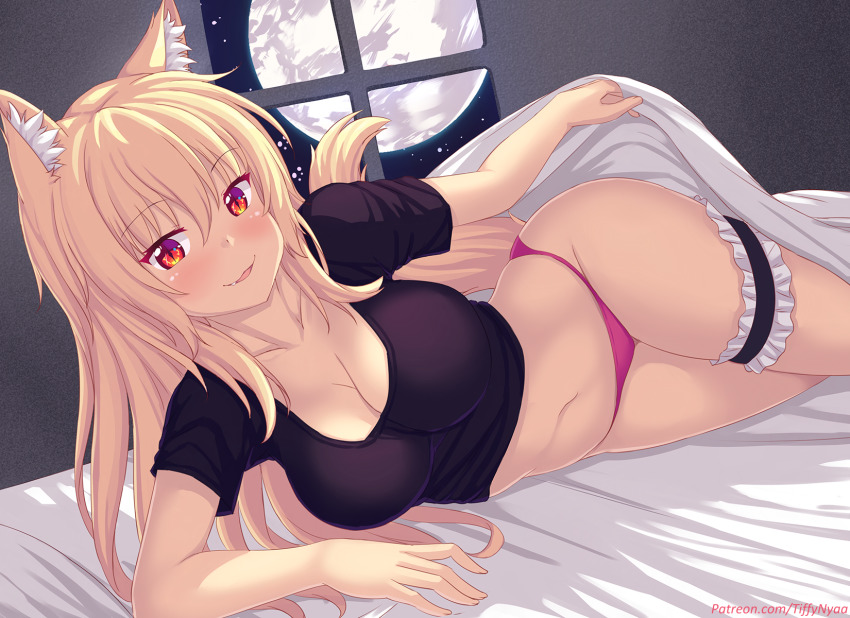 1girls, animal ears, bed, belly, belly button, big breasts, blonde hair, blush, breasts, cleavage, female, female only, legband, light skin, light-skinned female, looking at viewer, lying, lying on side, navel, night, no pants, on side, panties, pink panties, pov, red eyes, shirt, slit pupils, smile, solo, stomach, t-shirt, tail, tiffy, tiffynyaa