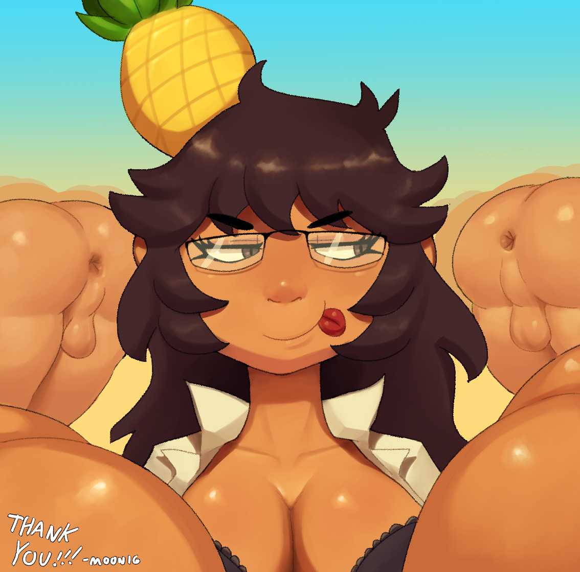 1girls, 4boys, anus, ass, drcockula, female, female pervert, glasses, licking lips, lilmoonie, male, original, original character, pineapple hair ornament