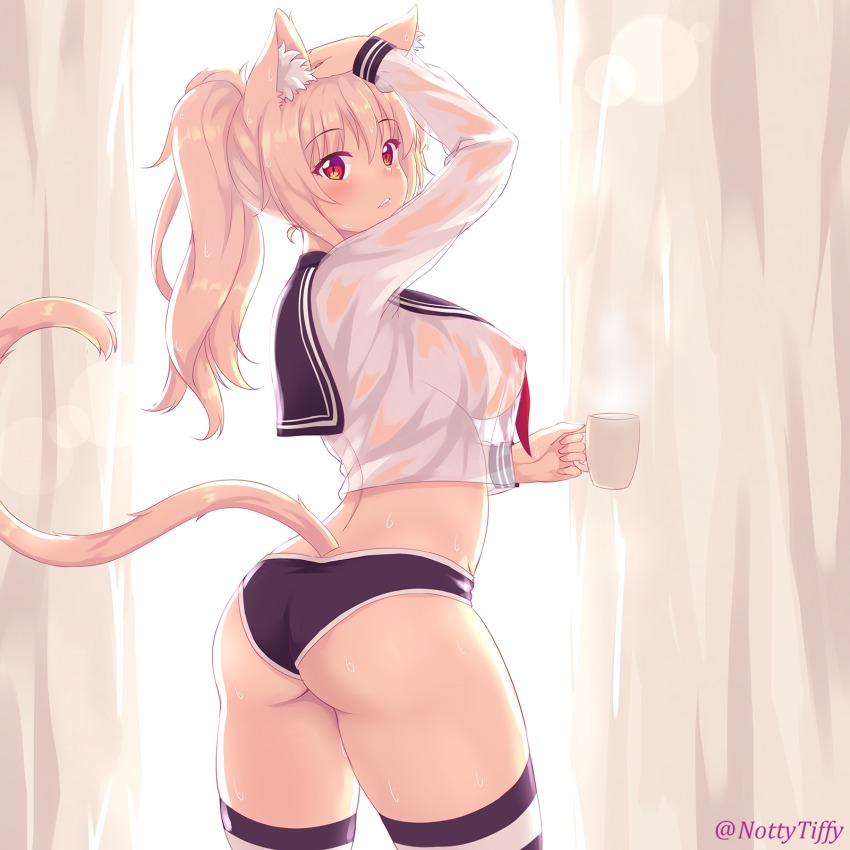 animal ears, ass, breasts, female, nipples, no pants, panties, tail, thighhighs, tiffy, tiffynyaa, wet clothes