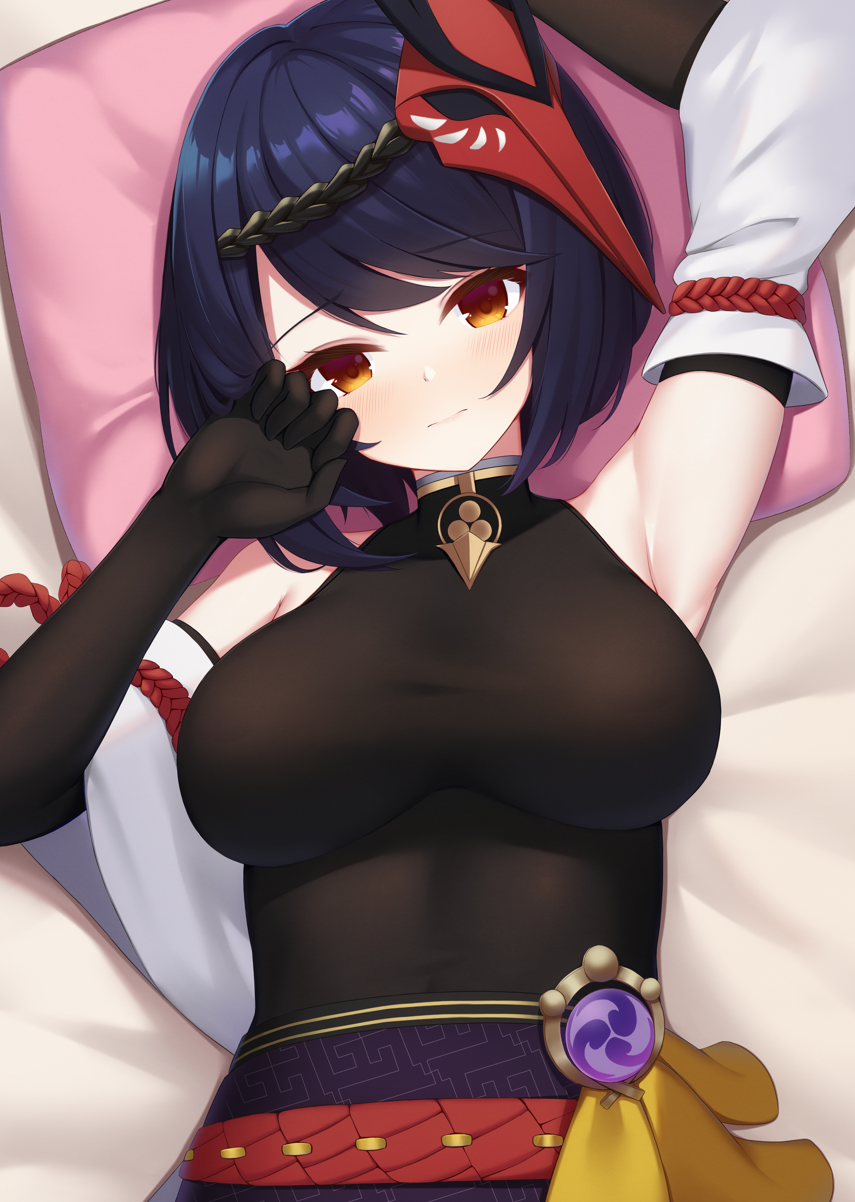 1girls, amber eyes, artist request, big breasts, black hair, blue hair, blush, breasts, brown eyes, female, female only, genshin impact, japanese clothes, kujou sara, laying down, laying on bed, medium hair, petite, player viewpoint, solo, subjectivity, yellow eyes