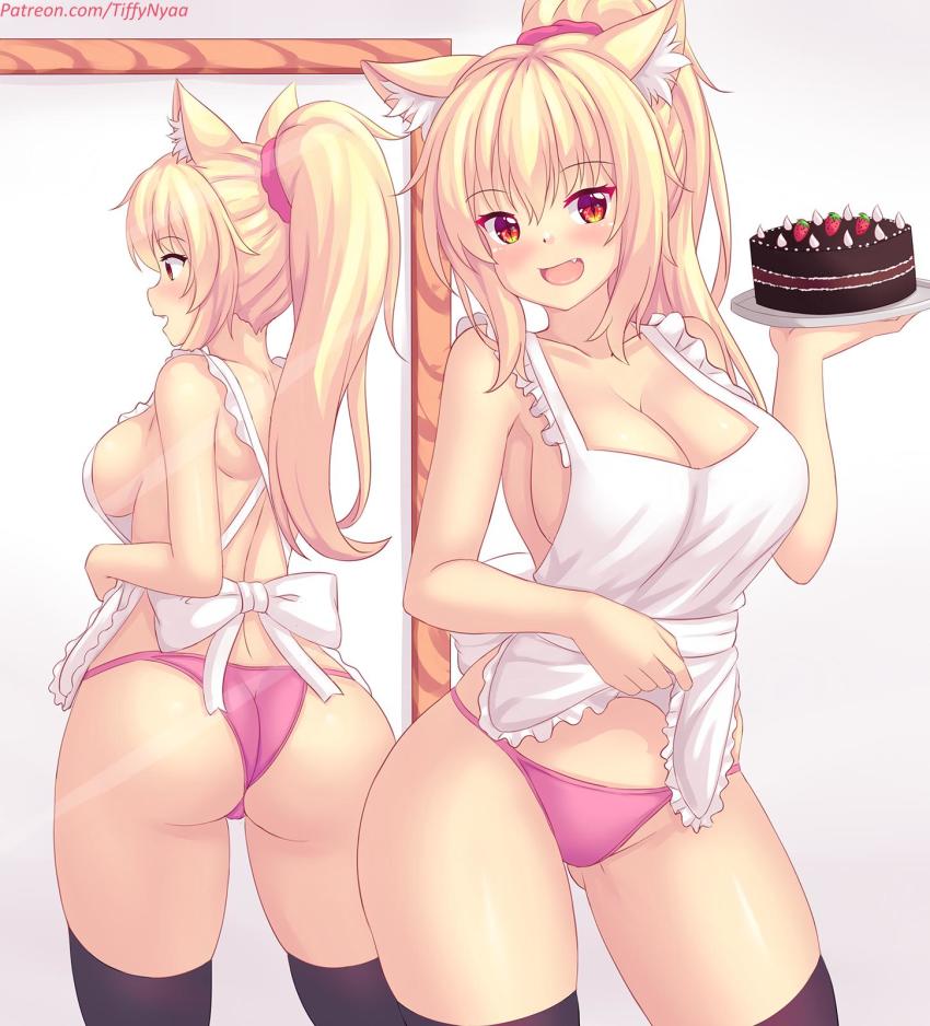 animal ears, apron, apron only, ass, panties, pink panties, thighhighs, tiffy, tiffynyaa