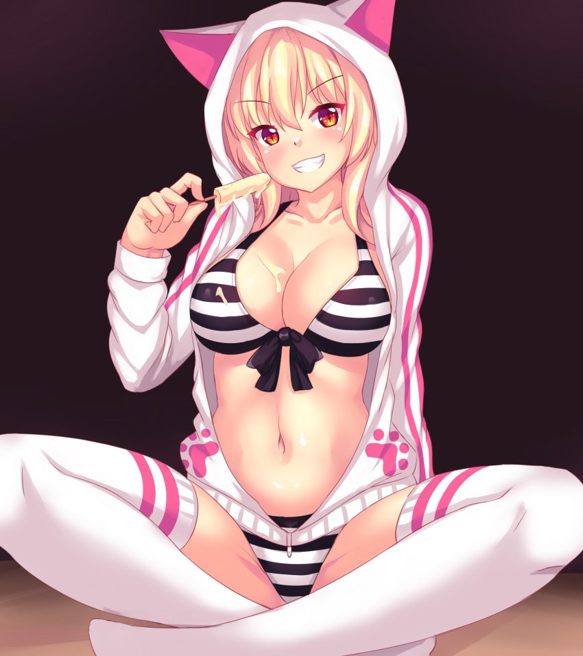 open clothes, panties, sitting, spread legs, striped panties, thighhighs, tiffy, tiffynyaa