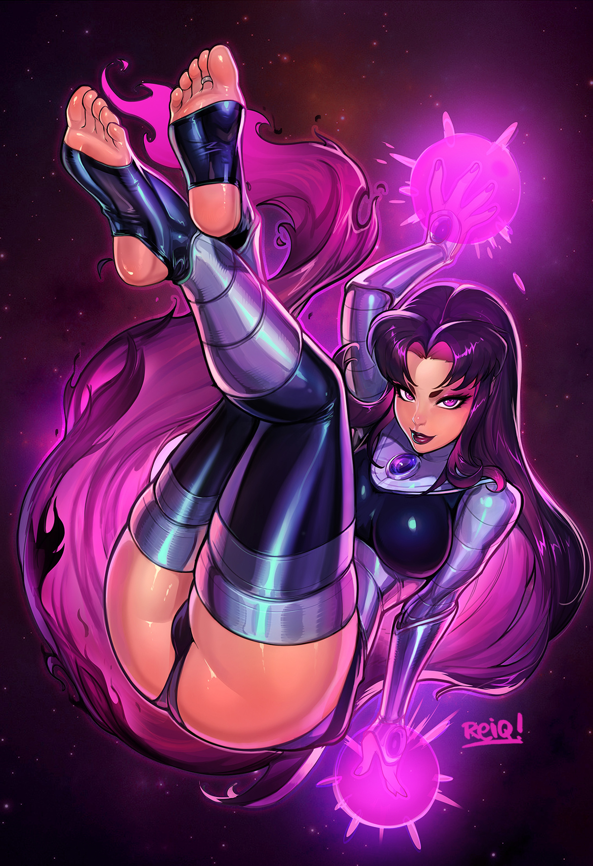 1girls, 2d, armored gloves, artist name, ass, blackfire, breasts, clothed, clothed breasts, clothing, dc, dc comics, feet, feet up, female, female only, komand'r, legs, legs up, lipstick, long hair, looking at viewer, panties, pantyshot, pink hair, purple background, purple eyes, purple hair, purple lipstick, reiq, rubber, shiny, shiny skin, smile, soles, solo, solo female, solo focus, stirrup legwear, teen titans, thick thighs, thighhighs, thighs, tight clothes, tight clothing, toe ring, toeless legwear, very long hair