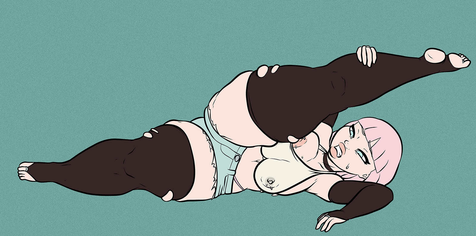 ass, bangs, big ass, big breasts, big butt, blue eyes, bob cut, breast expansion, breast growth, breast growth (enlargement), breasts, crop top, disturbedmonkey, endured face, female, fonkimonki, hotpants, jill (disturbedmonkey), jill (fonkimonki), lactating, lactation, latex, latex gloves, latex thighhighs, milk, milking, no bra, pink hair, shortstack, splits, stirrup socks, sweat, sweatdrop, sweating, tank top, thick thighs