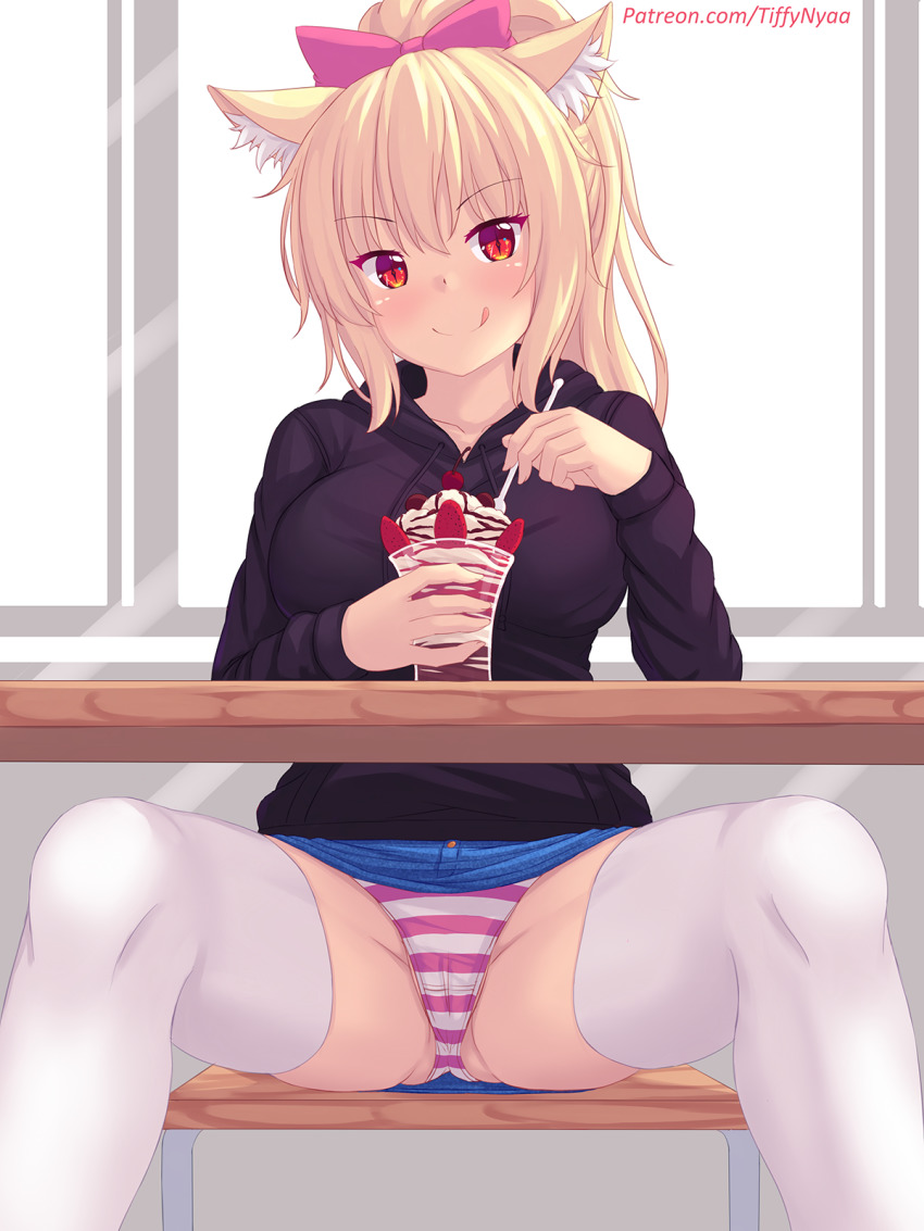 :p, animal ears, panties, pink striped panties, skirt, spread legs, striped panties, thighhighs, tiffy, tiffynyaa, upskirt