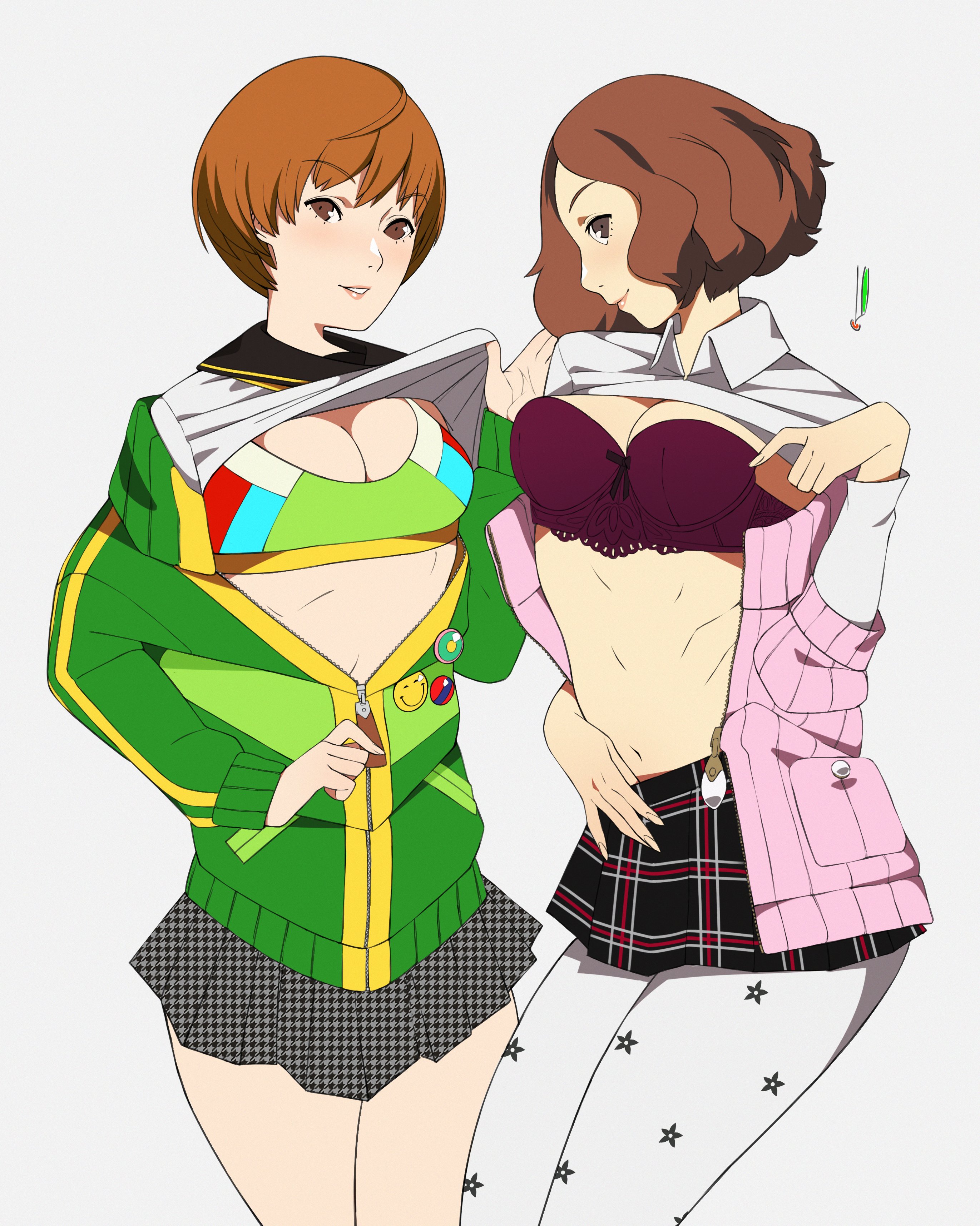 2girls, asian, atlus, bra, brown hair, female, gwessuu, haru okumura, human, jacket, japanese, lingerie, outerwear, persona, persona 4, persona 5, satonaka chie, shirt lift, short hair, sports bra, sportswear, topwear, track jacket, unzipped, unzipping