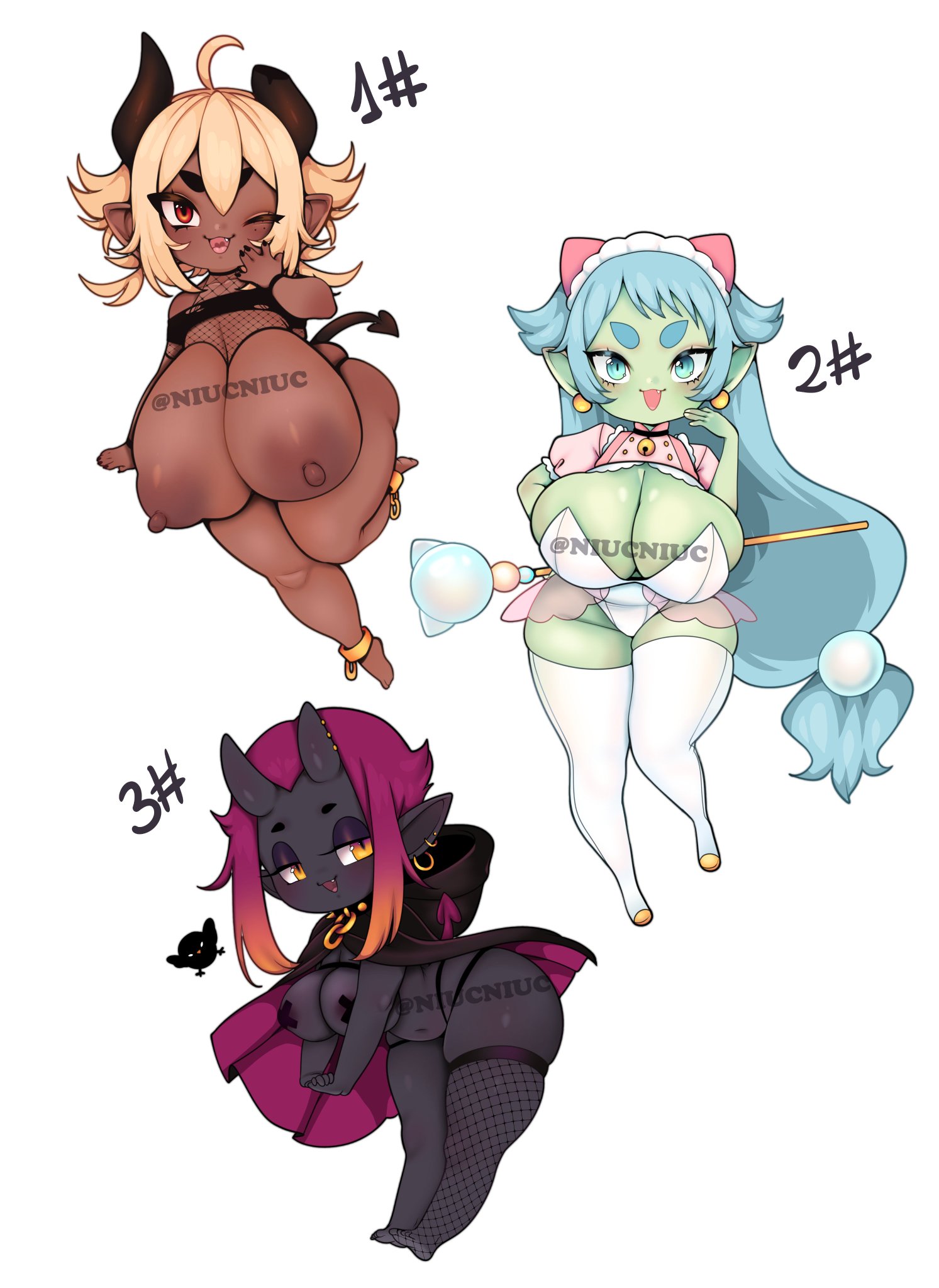 3girls, areolae, big breasts, black body, blue hair, breasts, choker, cleavage, dark skin, dark-skinned female, earrings, elf ears, female, female only, green skin, horns, huge breasts, jewelry, large breasts, long hair, multiple females, multiple girls, nipples, niucniuc, pointy ears, shortstack, stockings, thick thighs, thighhighs, thighs, two-tone hair, white background, wide hips